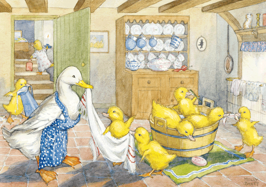 Molly Brett Postcard - Ducklings' Bath Time