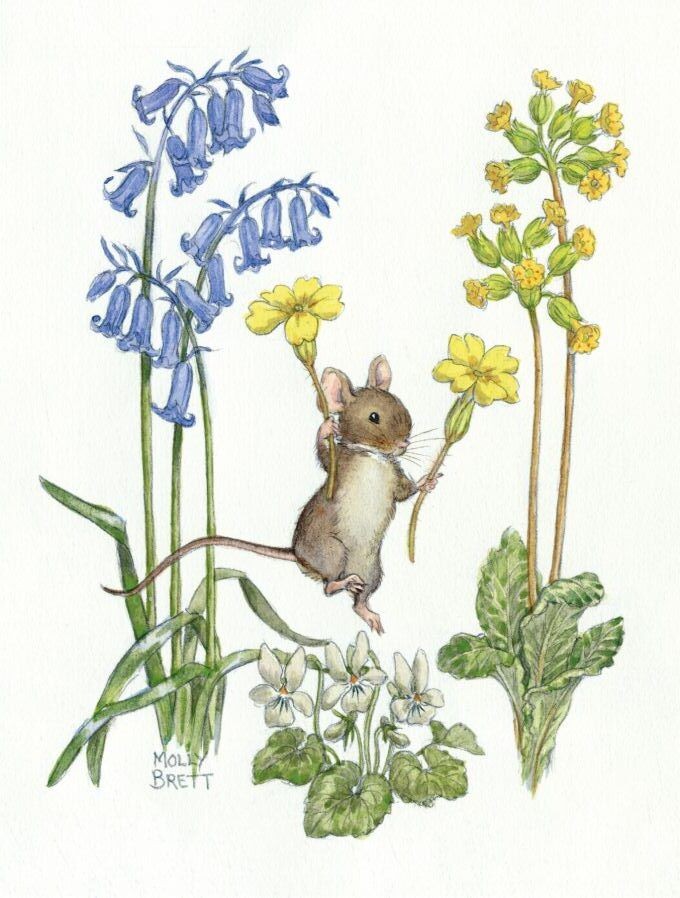 Molly Brett - Jumping Mouse holding Primroses with Bluebells