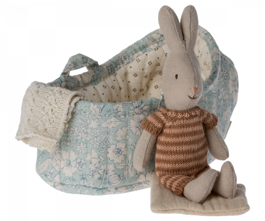 Rabbit in carry cot, Blue & Brown